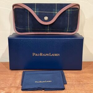 NEW Polo Ralph Lauren Blue‎ Green Plaid Sunglass Case, Box with Cleaning Cloth